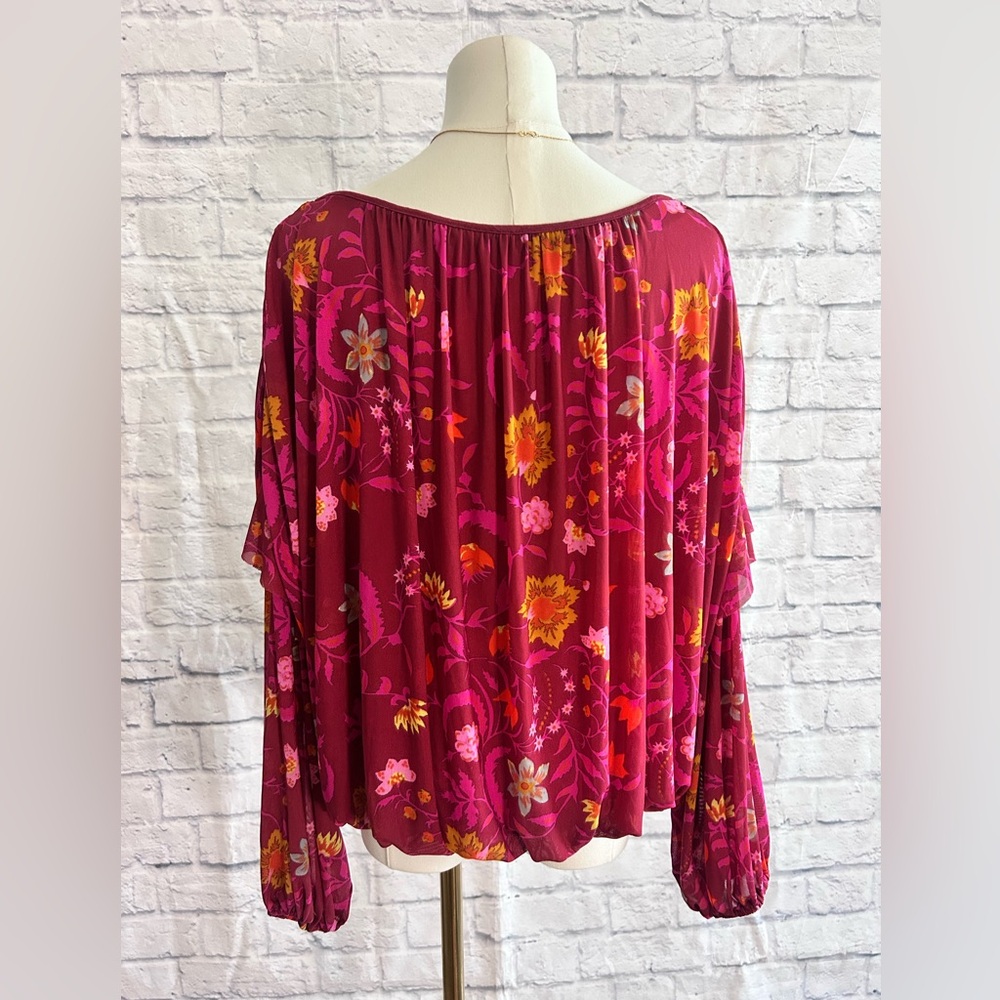 Free People Blouse Peasant Boho Bohemian Floral Raspberry Pink Long Sleeve - Picture 8 of 10